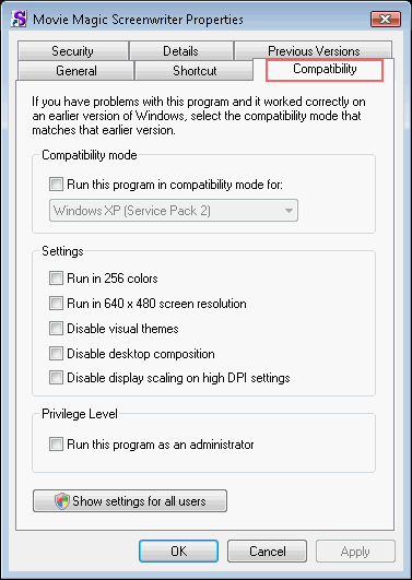 Click on Compatibility tab