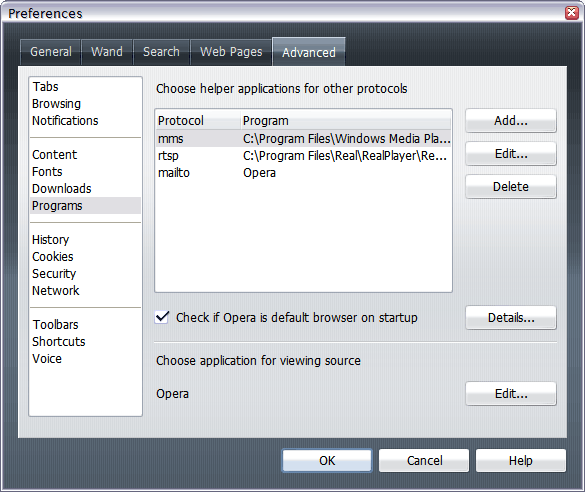Opera - Preferences - Advanced - Programs